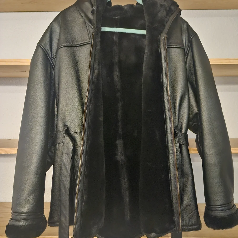 Wilsons Leather Black Hooded Belted Faux Leather Jacket